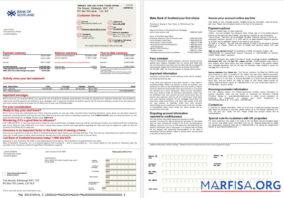 Realistic United Kingdom Bank of Scotland mortgage statement in Word and PDF formats, 2 pages template